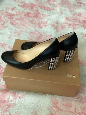 Christian Louboutin Black Leather Pumps with Studded Block Heels